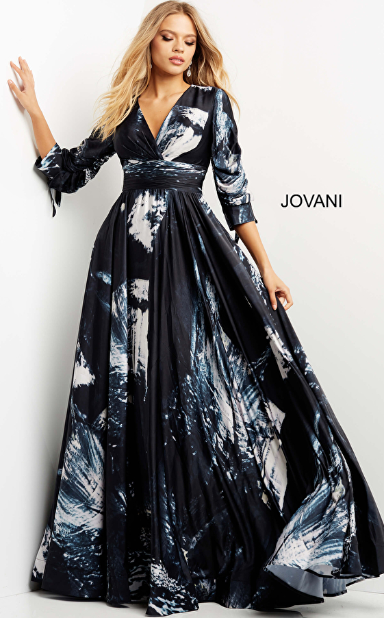 Jovani 08583 Print Three Quarter Sleeve Flowy Satin Evening Dress